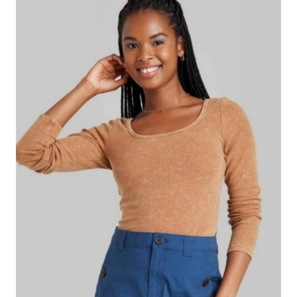 Wild Fable Long sleeve Scoop Neck Ribbed Tshirt Brown Size XL